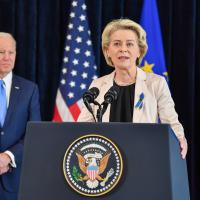 Joe Biden, on the left, and Ursula von der Leyen, at the podium